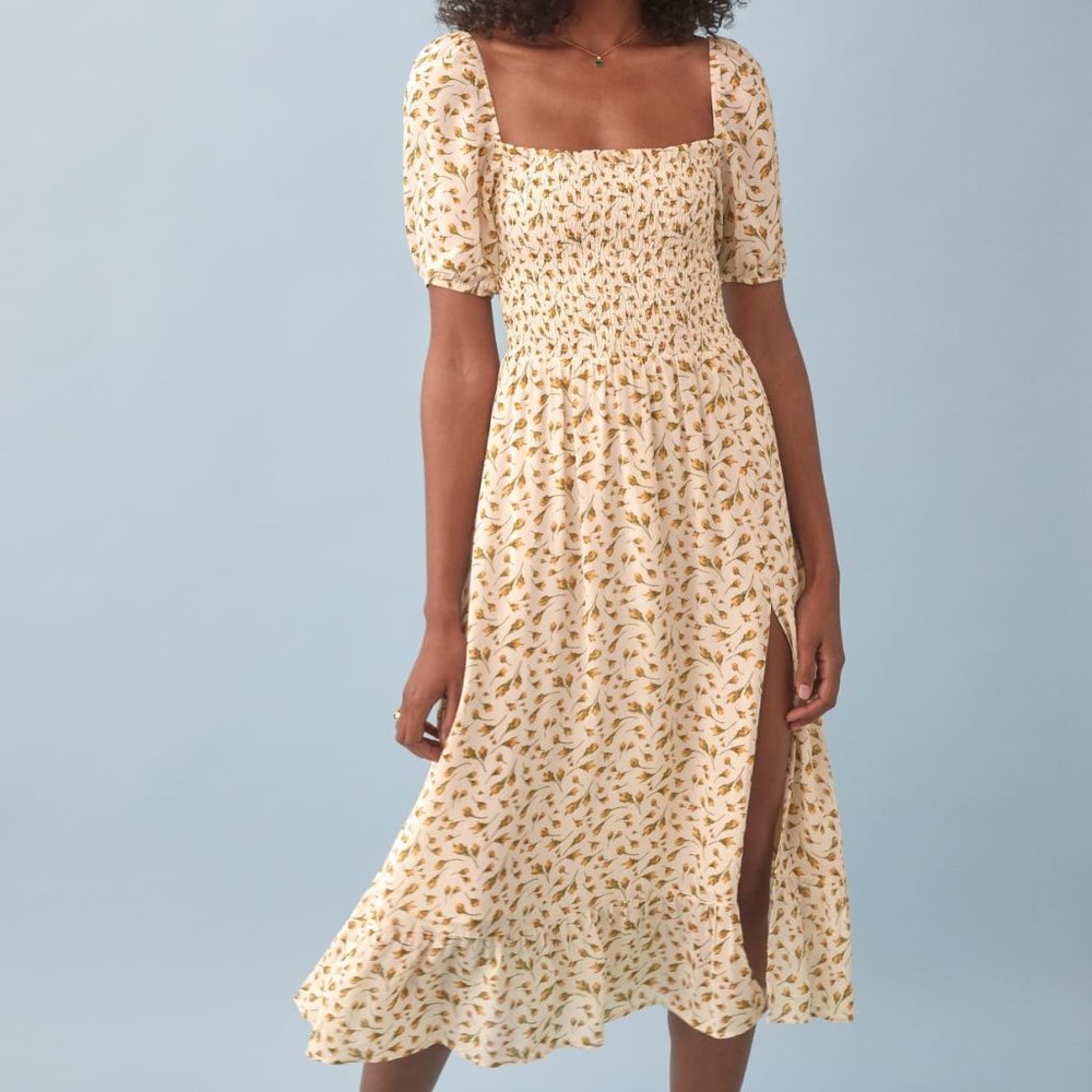 Reformation Cream Yellow Smocked Midi Dress with Puff Sleeves